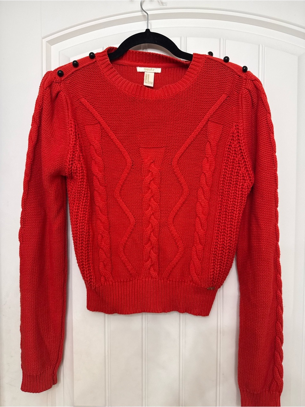 Bright Red Cable Knit Women's Sweater with Button Shoulder